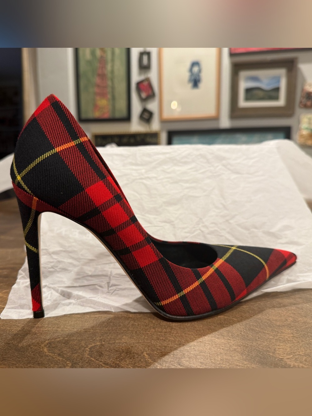 Alexander McQueen Red, Black Plaid Pointed Stiletto Pump-Hard to find Size 38